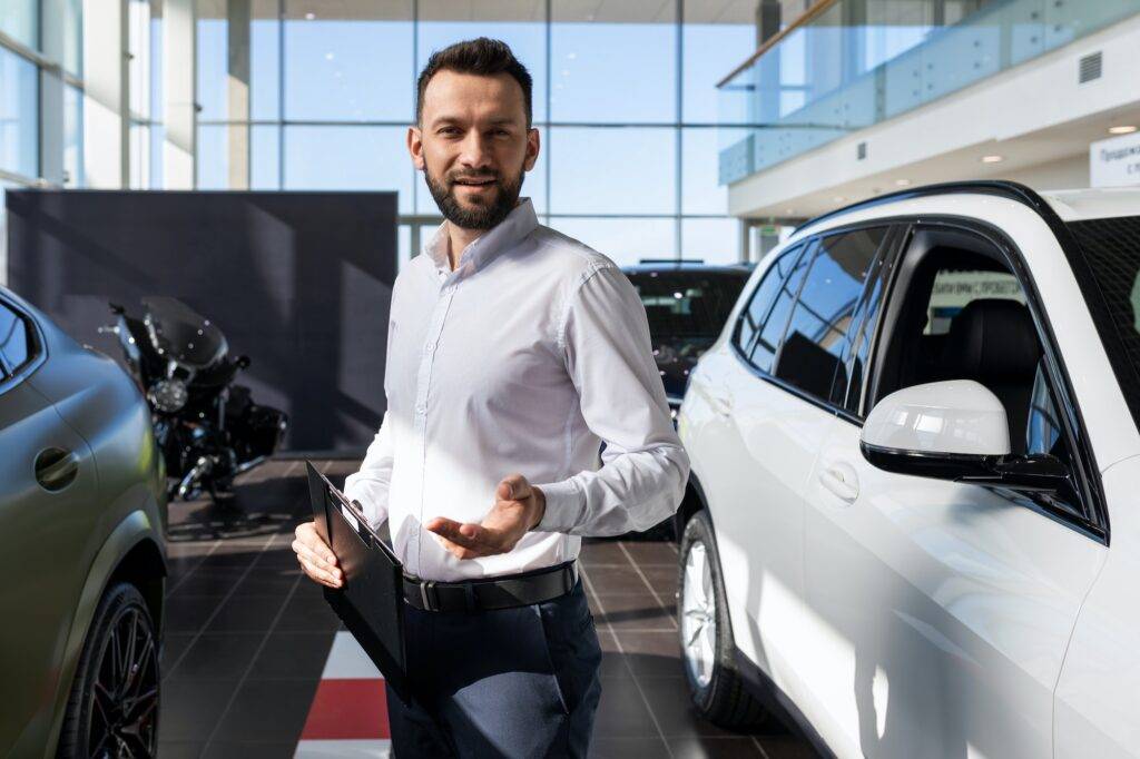 seller of a new car in a car dealership offers to insure the car